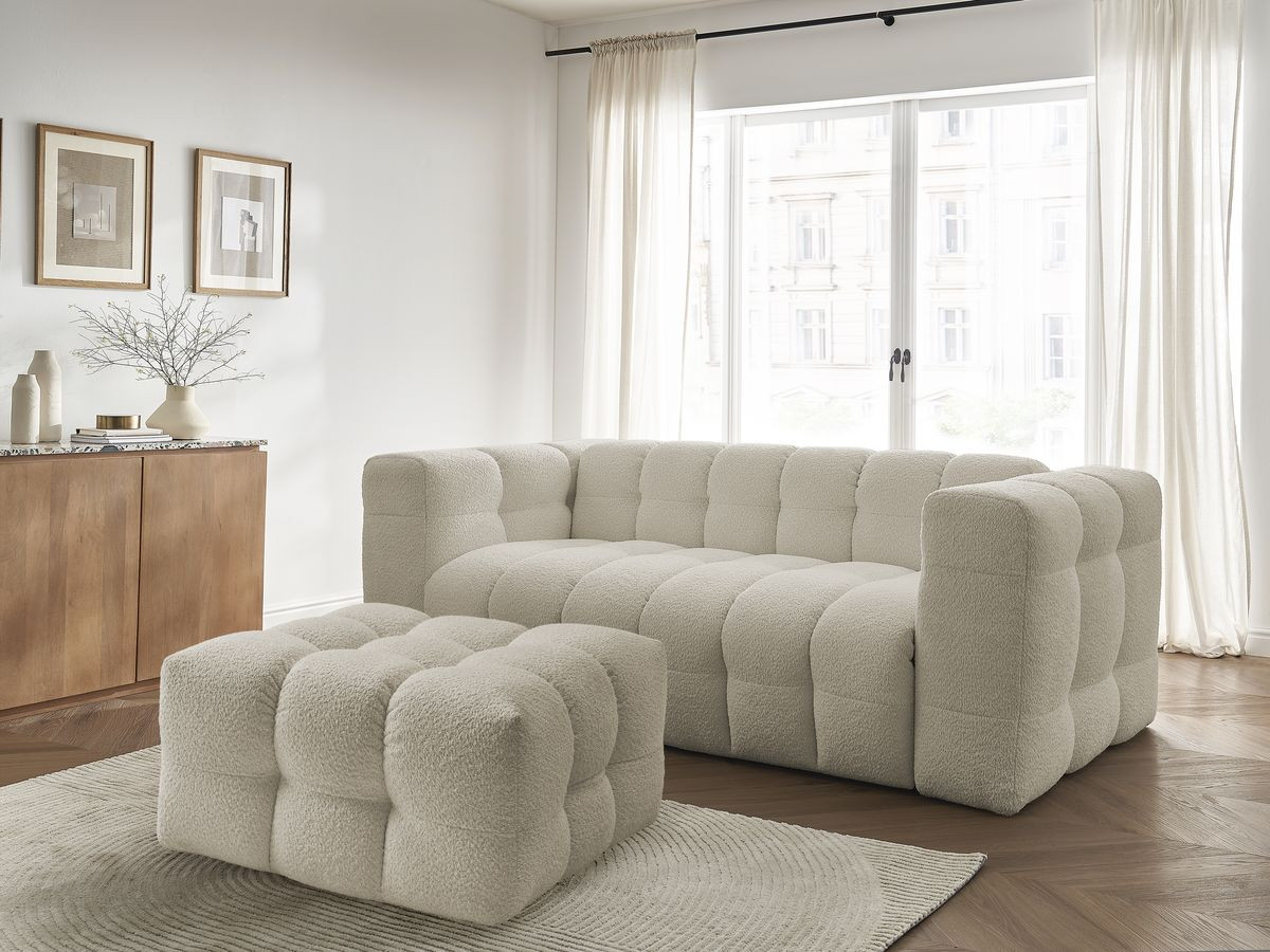 Canapé droit convertible 3 places CLOUD tissu bouclette avec pouf