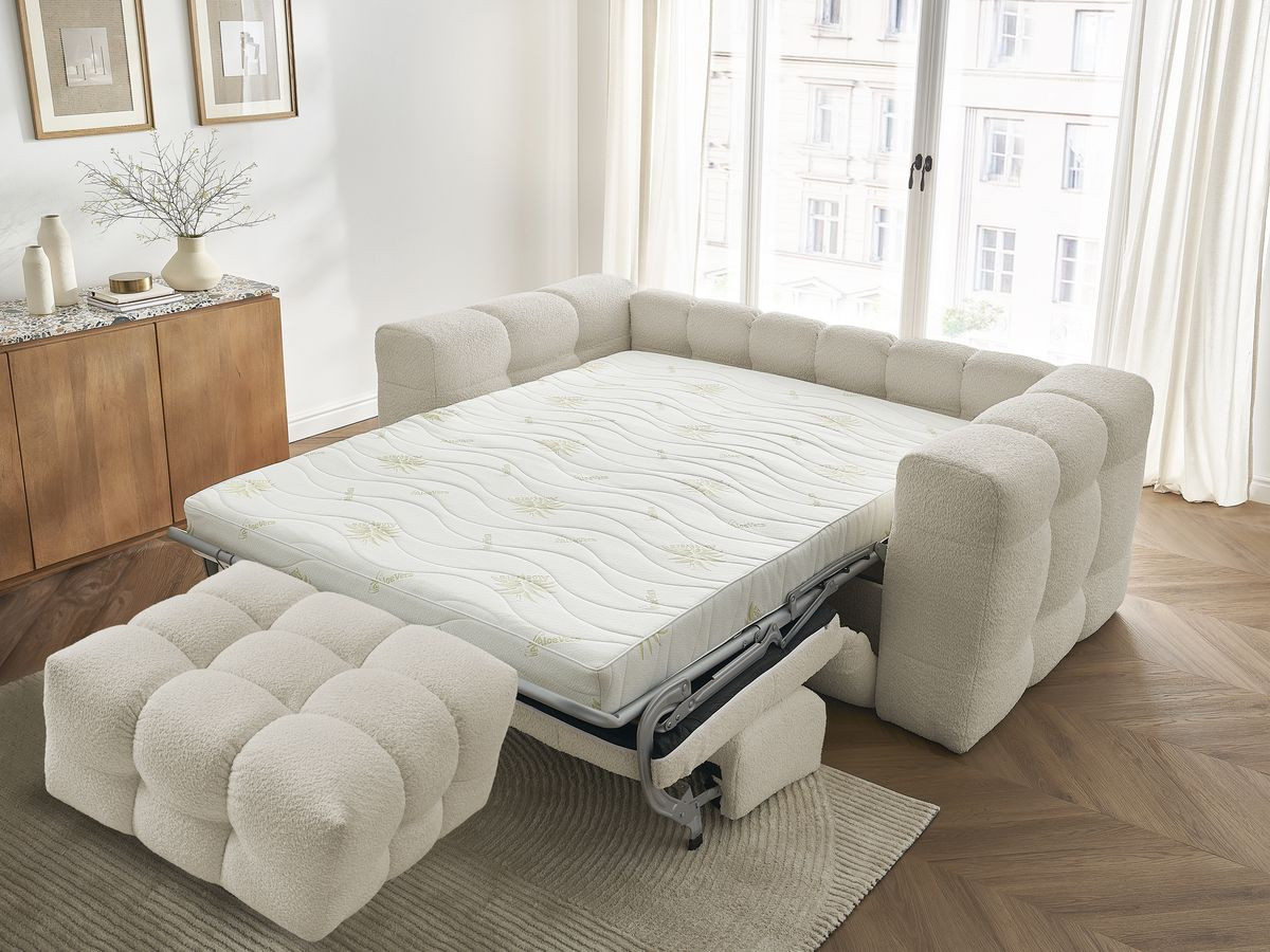 Canapé droit convertible 3 places CLOUD tissu bouclette avec pouf