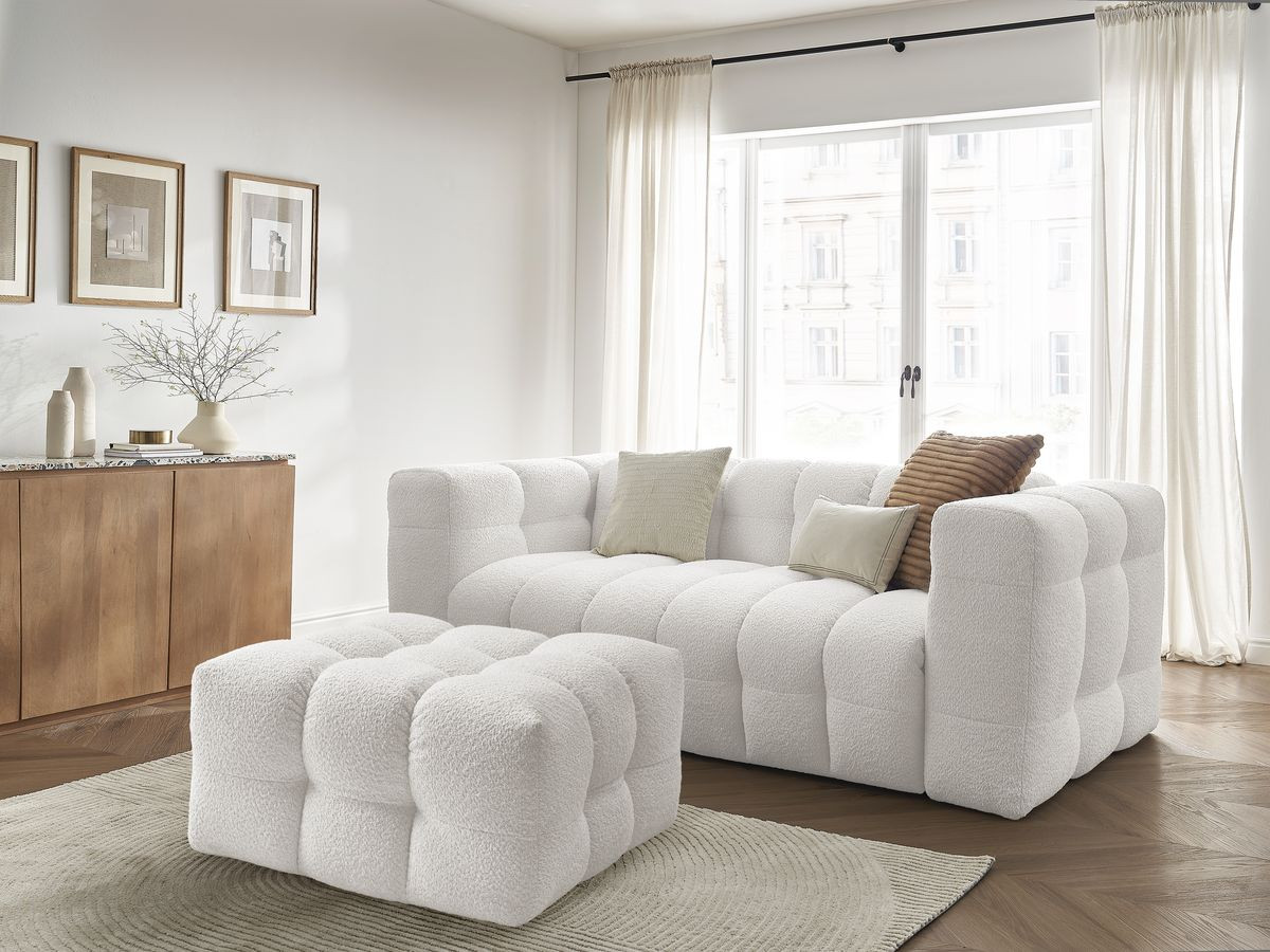 Canapé droit convertible 3 places CLOUD tissu bouclette avec pouf