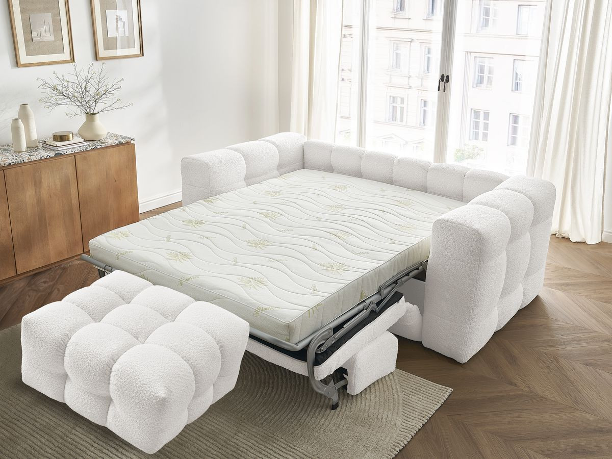 Canapé droit convertible 3 places CLOUD tissu bouclette avec pouf
