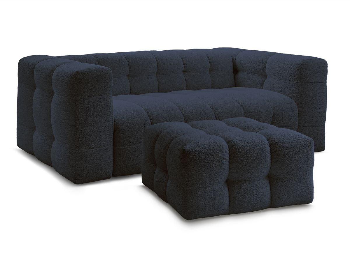 canapé droit convertible 3 places cloud tissu bouclette avec pouf de couleur bleu foncé
