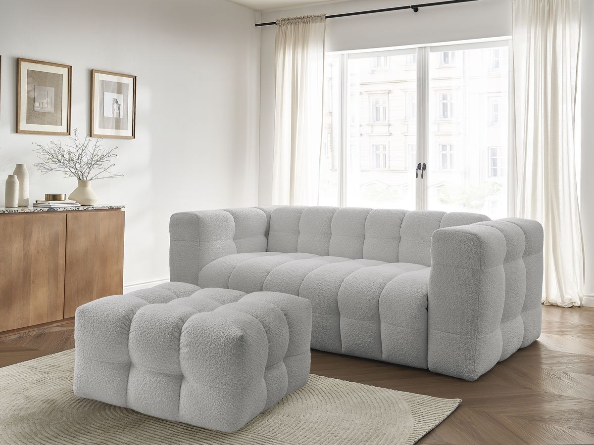 Canapé droit convertible 3 places CLOUD tissu bouclette avec pouf