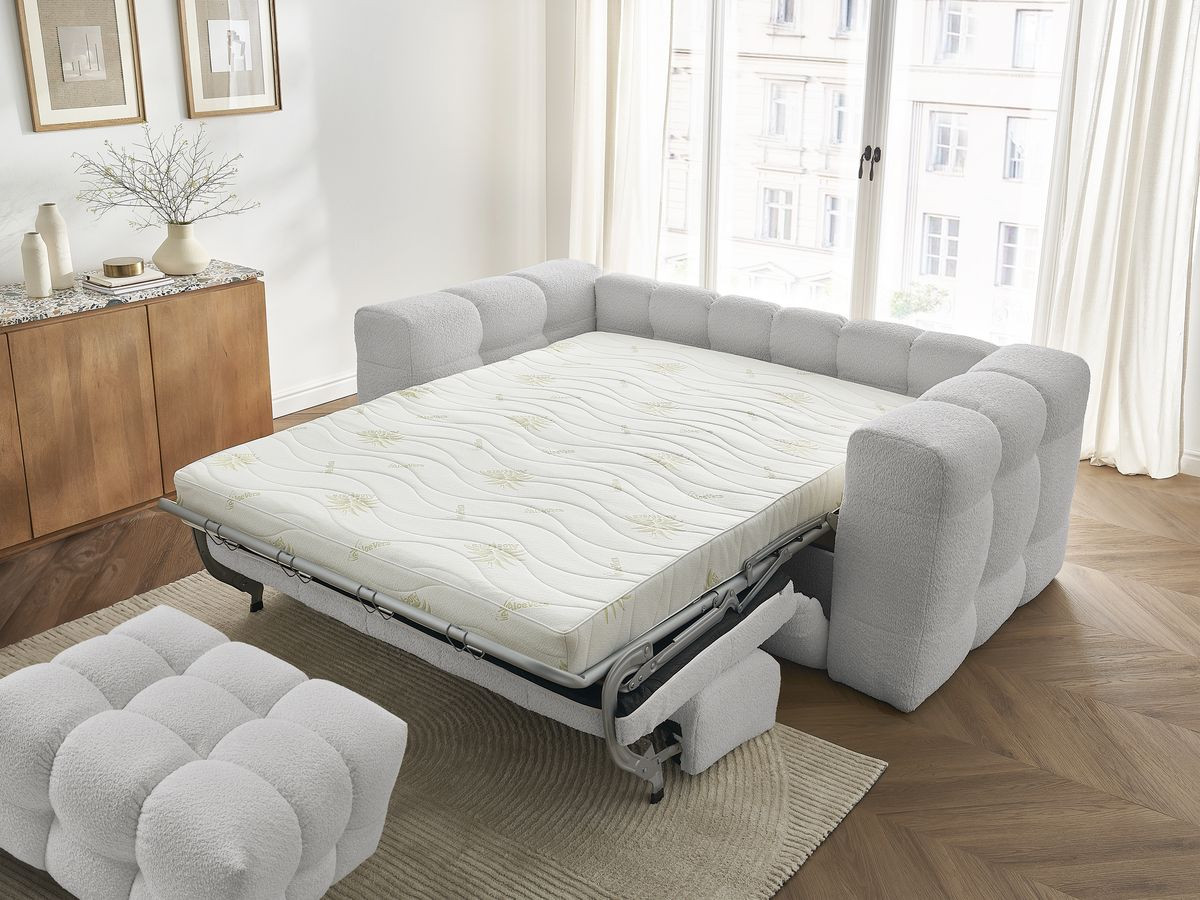 Canapé droit convertible 3 places CLOUD tissu bouclette avec pouf