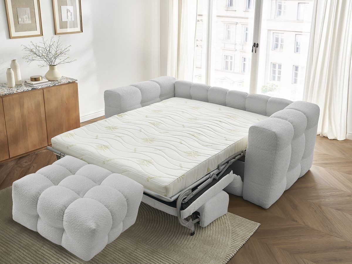 Canapé droit convertible 3 places CLOUD tissu bouclette avec pouf