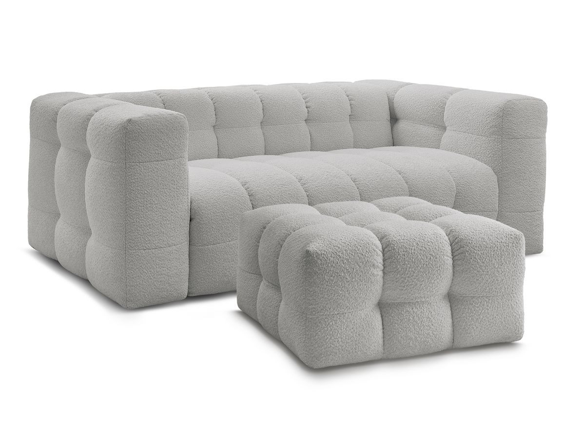 canapé droit convertible 3 places cloud tissu bouclette avec pouf de couleur gris clair