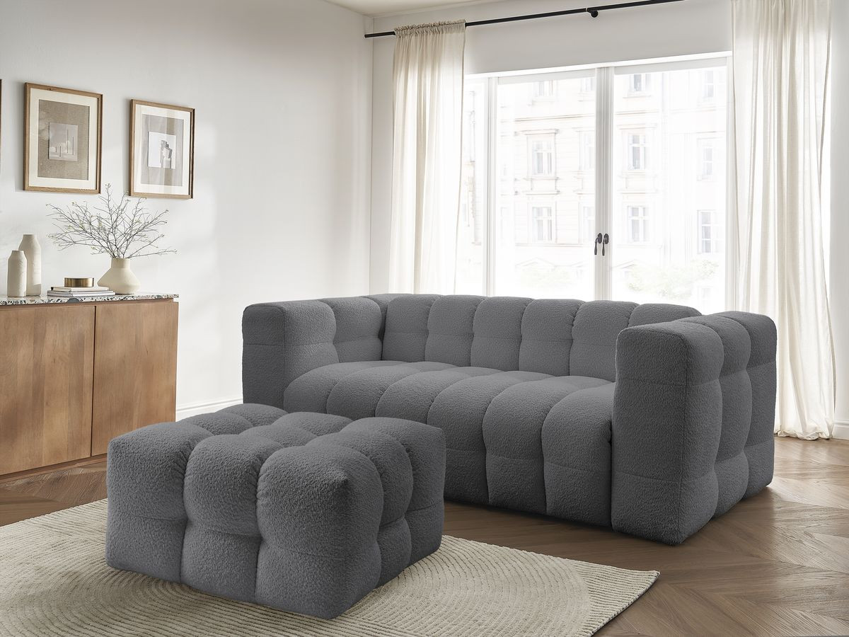 Canapé droit convertible 3 places CLOUD tissu bouclette avec pouf
