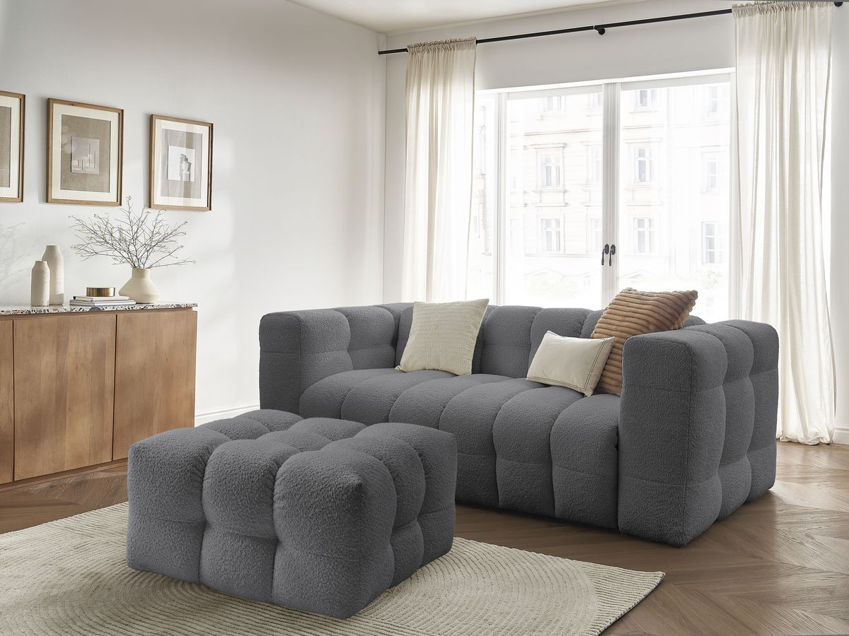 Canapé droit convertible 3 places CLOUD tissu bouclette avec pouf