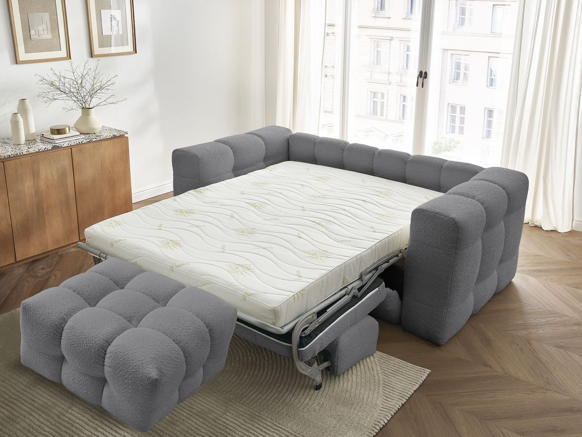Canapé droit convertible 3 places CLOUD tissu bouclette avec pouf