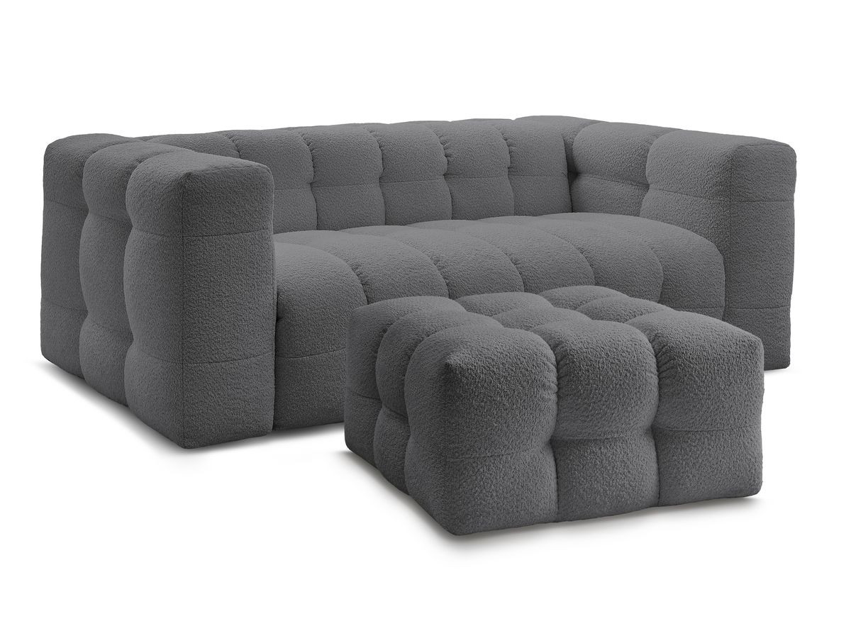 canapé droit convertible 3 places cloud tissu bouclette avec pouf de couleur gris foncé