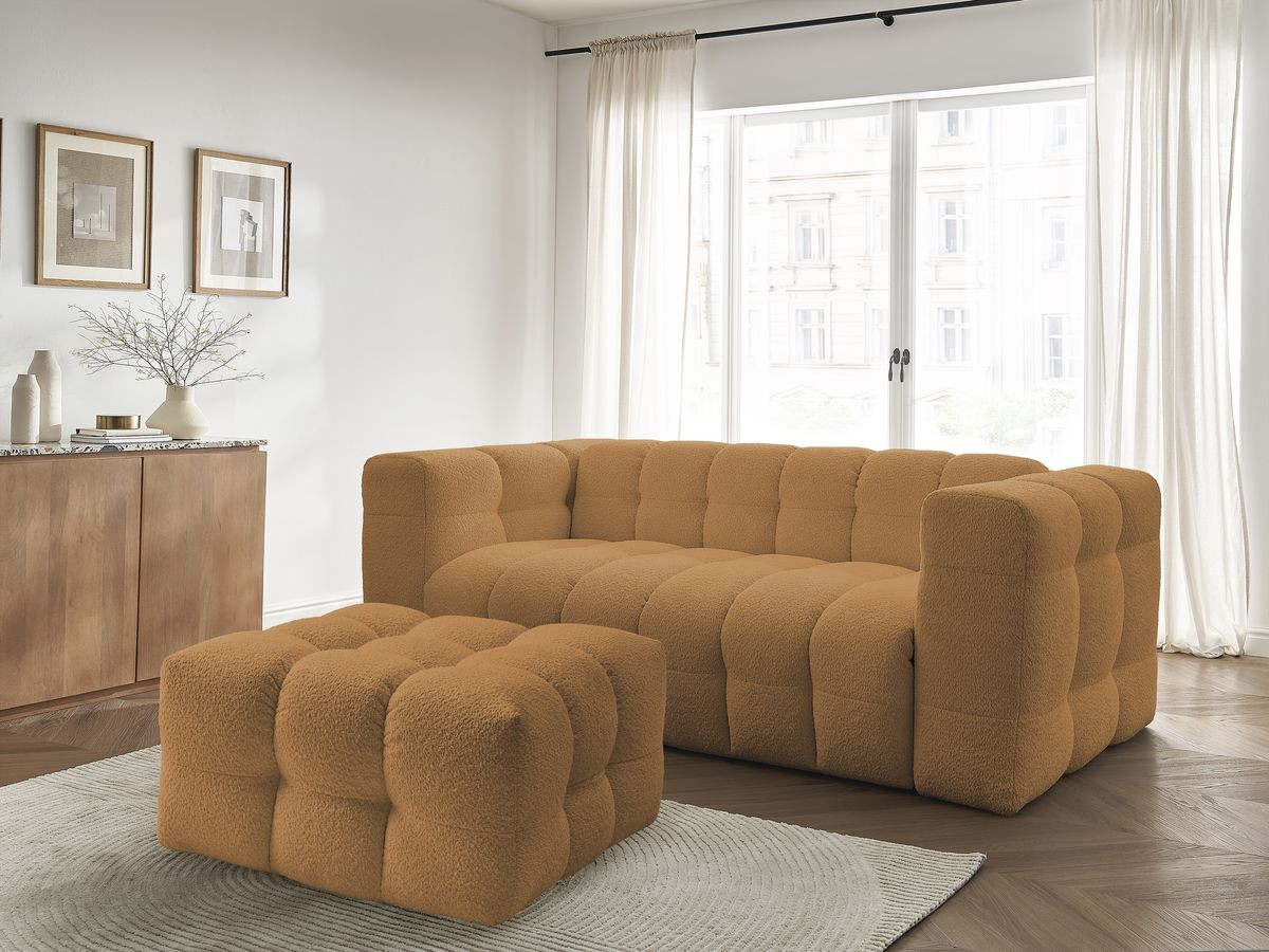 Canapé droit convertible 3 places CLOUD tissu bouclette avec pouf