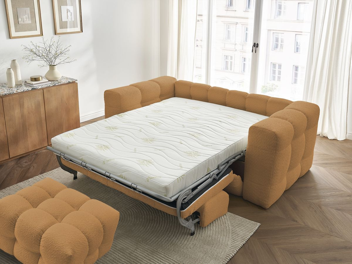 Canapé droit convertible 3 places CLOUD tissu bouclette avec pouf