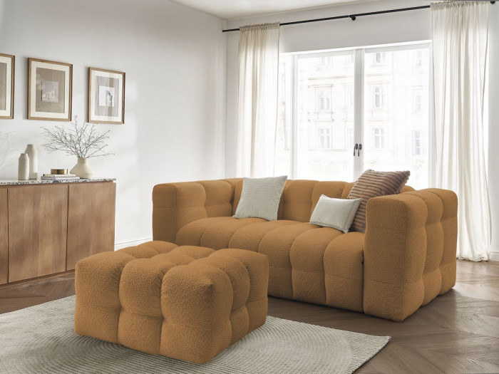 Canapé droit convertible 3 places CLOUD tissu bouclette avec pouf