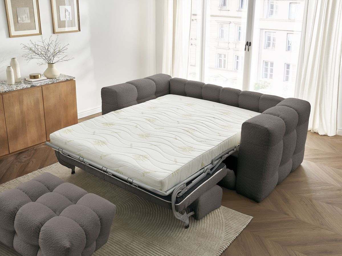 Canapé droit convertible 3 places CLOUD tissu bouclette avec pouf