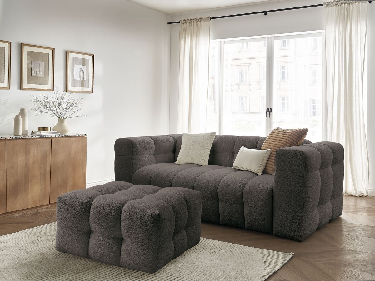 Canapé droit convertible 3 places CLOUD tissu bouclette avec pouf