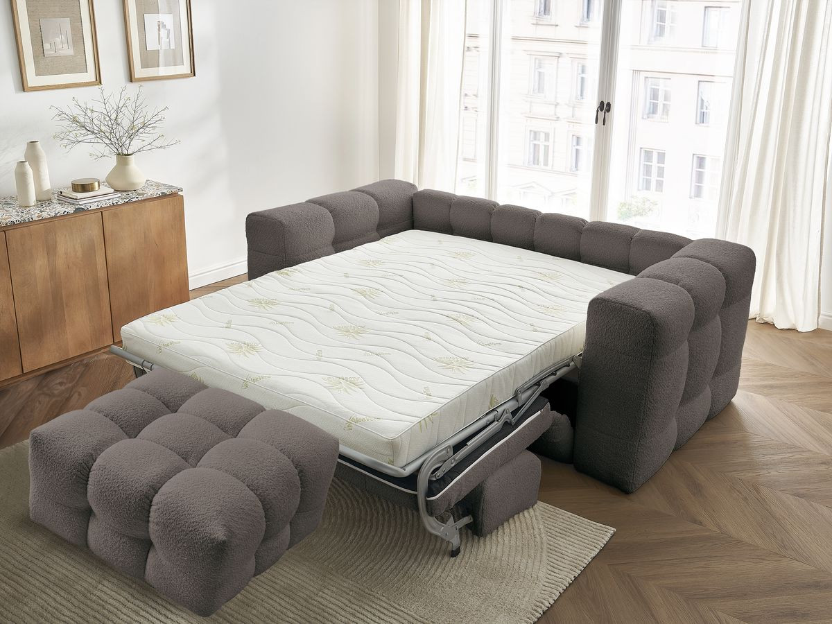 Canapé droit convertible 3 places CLOUD tissu bouclette avec pouf