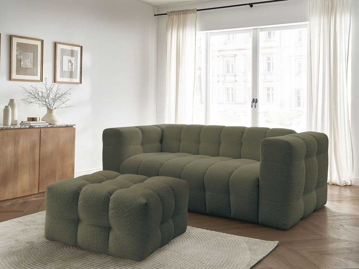 Canapé droit convertible 3 places CLOUD tissu bouclette avec pouf