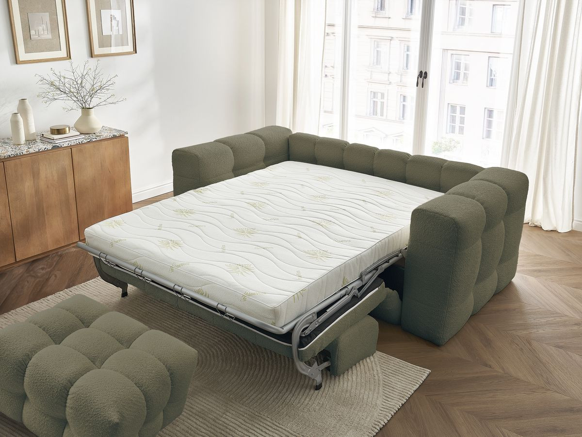 Canapé droit convertible 3 places CLOUD tissu bouclette avec pouf