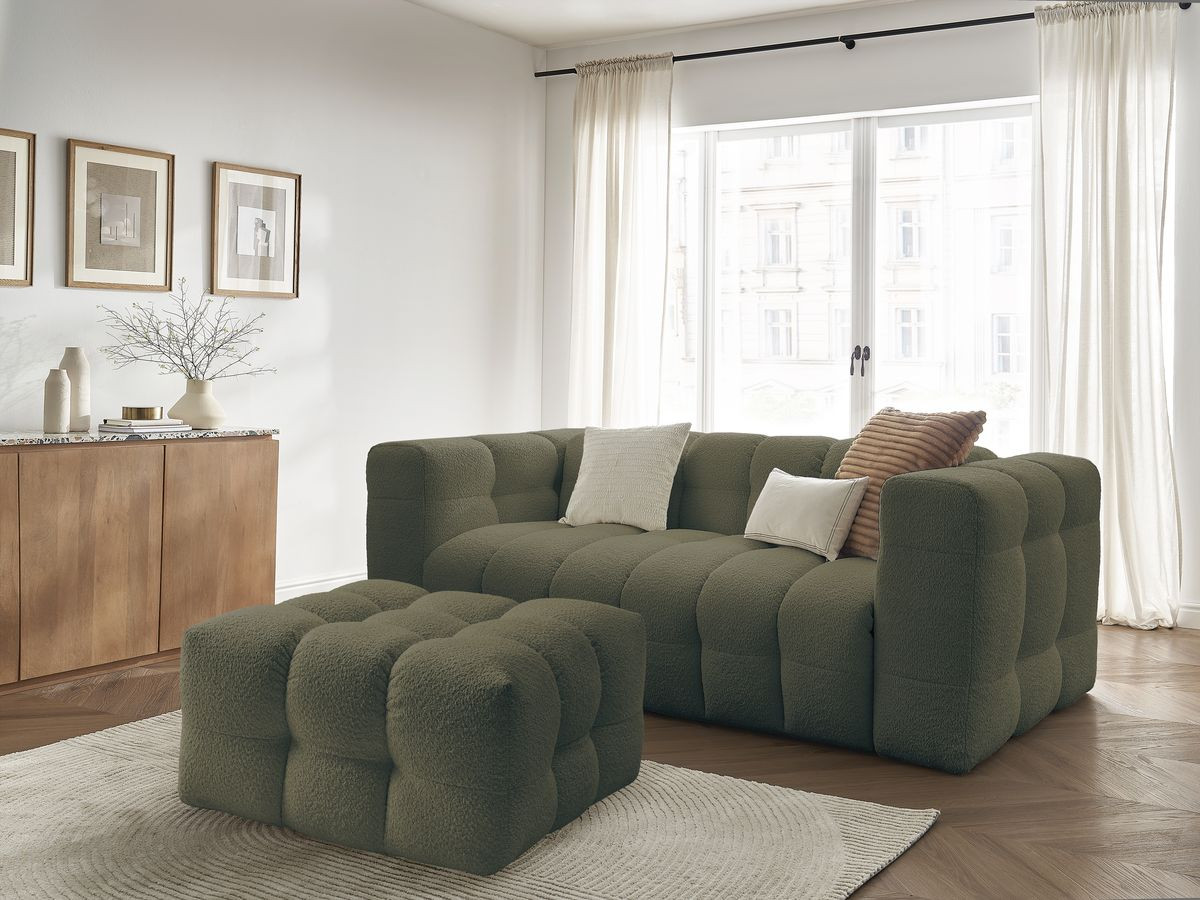 Canapé droit convertible 3 places CLOUD tissu bouclette avec pouf