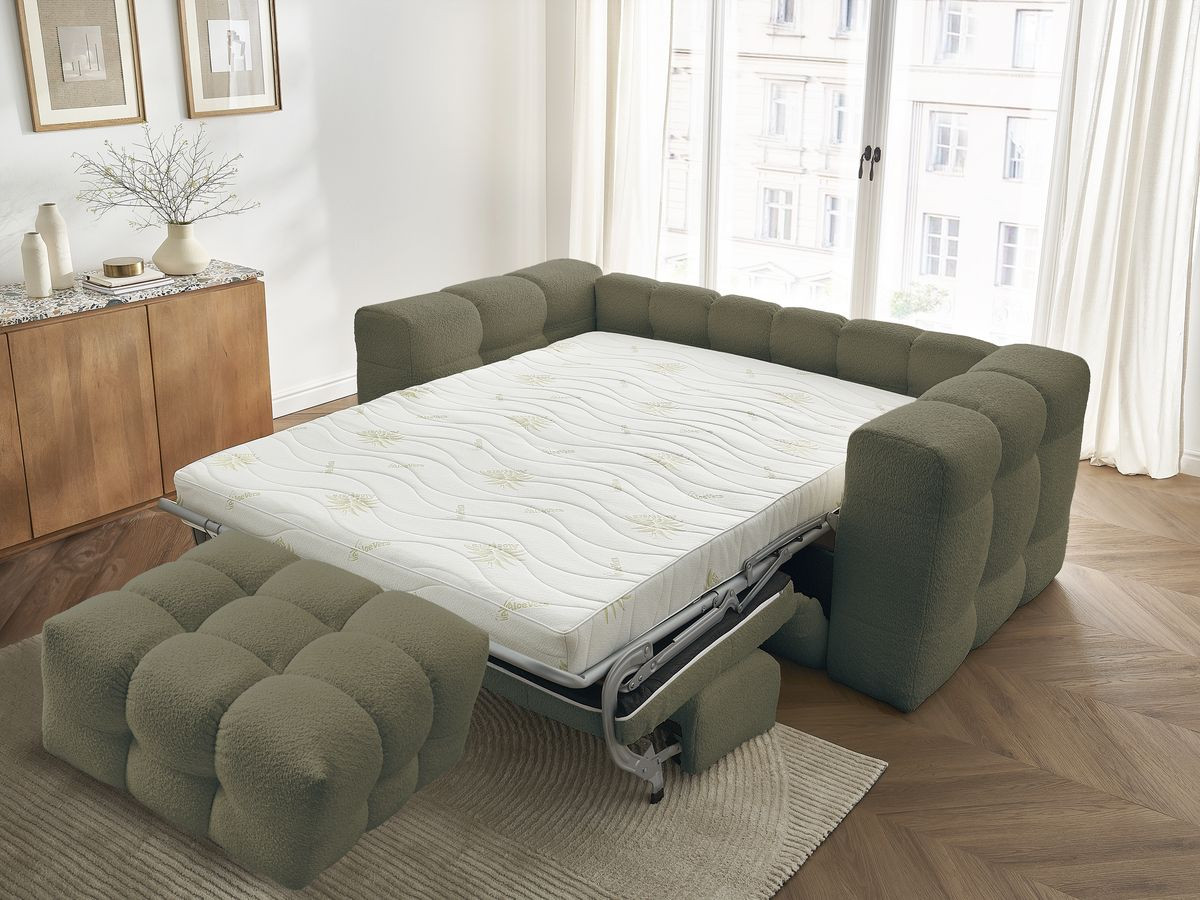 Canapé droit convertible 3 places CLOUD tissu bouclette avec pouf