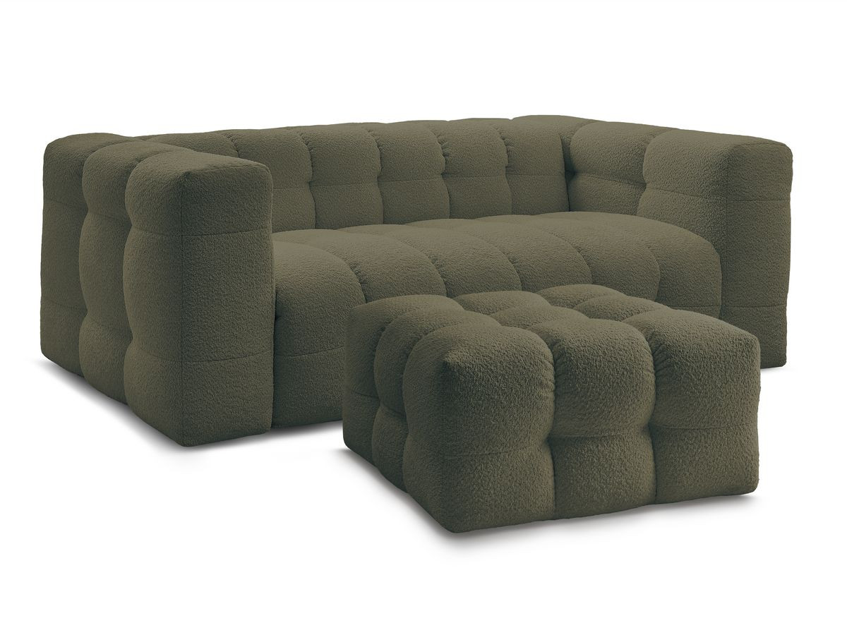 canapé droit convertible 3 places cloud tissu bouclette avec pouf de couleur vert