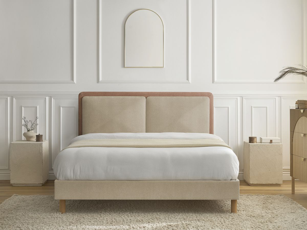 MARA bed in tweekleurige structuurstof met massieve lattenbodem