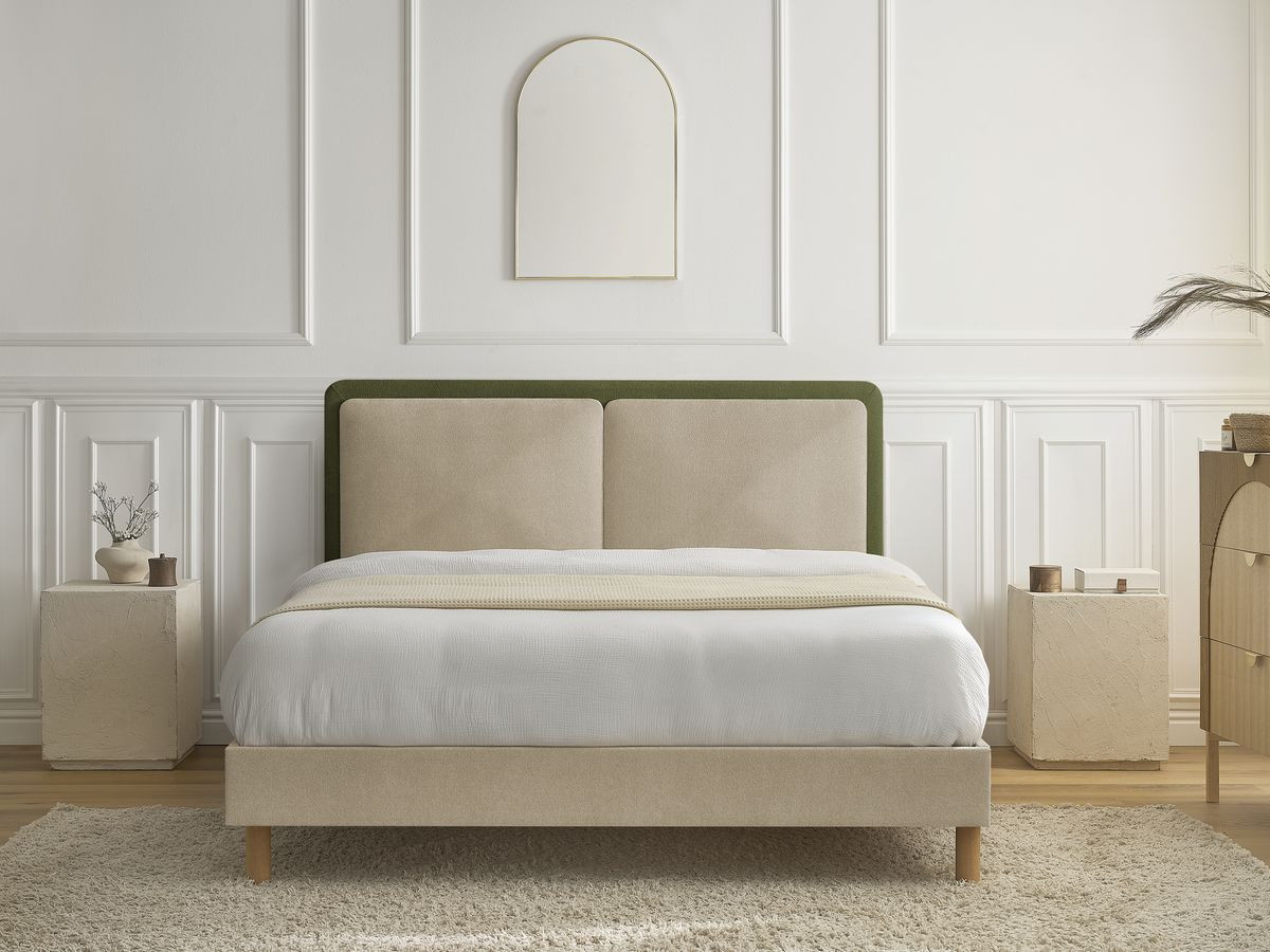 MARA bed in tweekleurige structuurstof met massieve lattenbodem