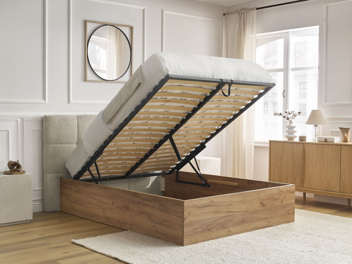 lit coffre kumo tissu bouclette de couleur beige