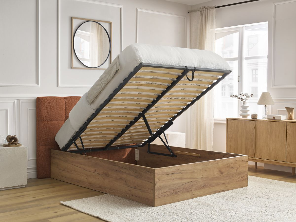 lit coffre kumo tissu bouclette de couleur terracotta