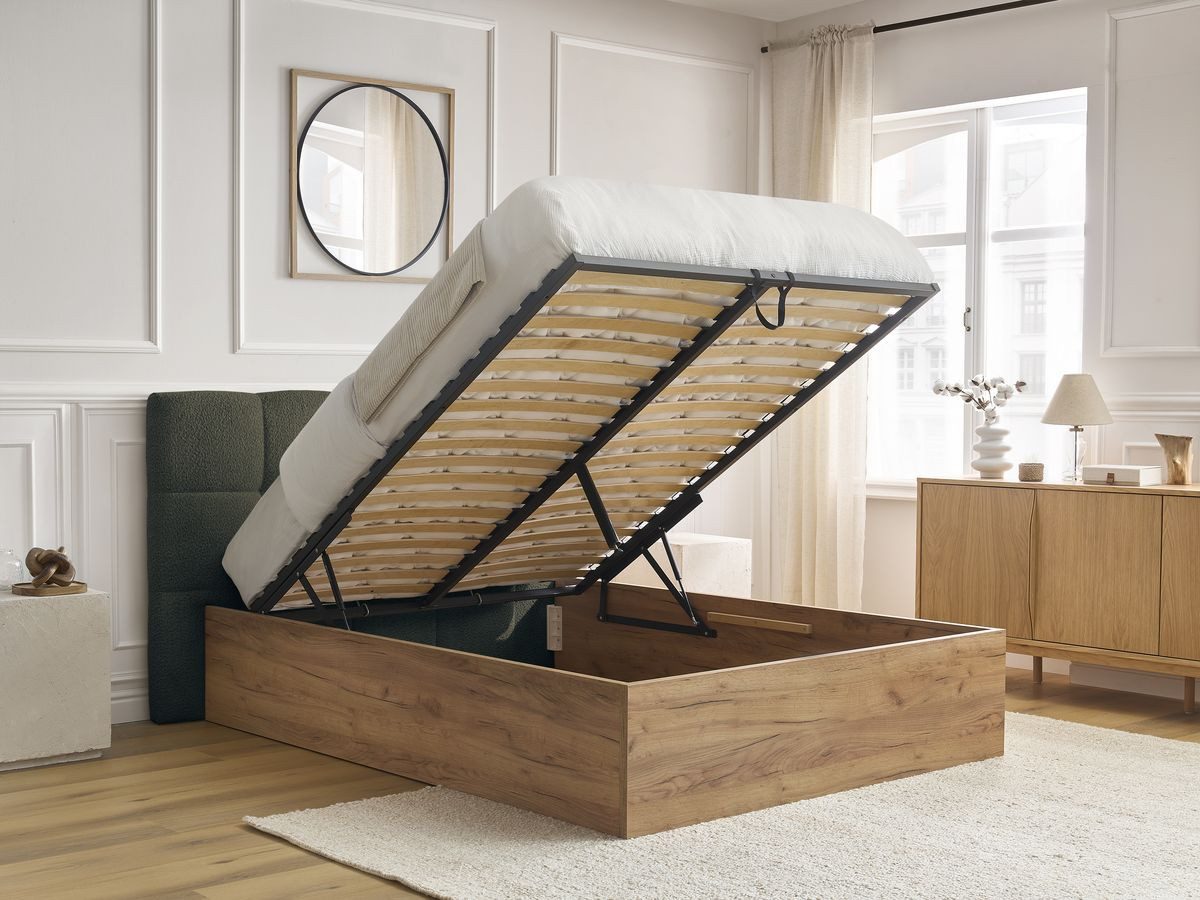 lit coffre kumo tissu bouclette de couleur vert