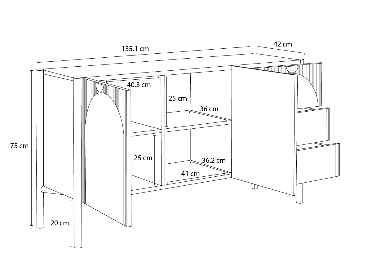 LOLA 2-deurs, 3-laden dressoir 135 cm, afgerond patroon en massief essenfineer