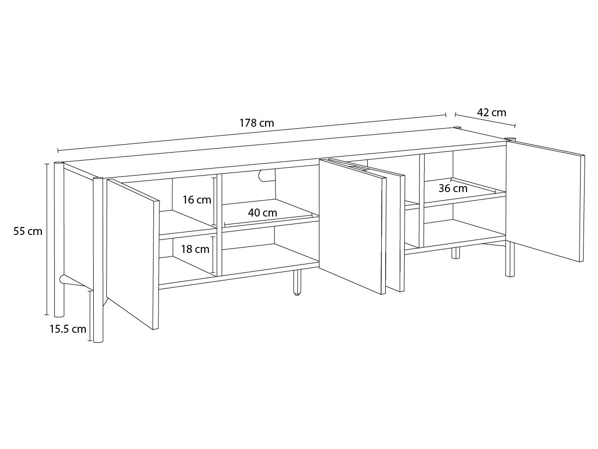 LOLA 178 cm 4-deurs tv-meubel met afgerond patroon en massief essenfineer