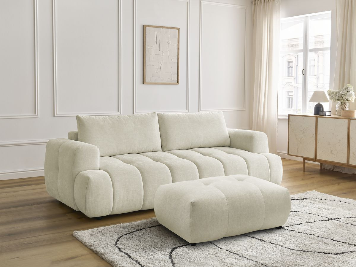 Canapé droit convertible 3 places FUJI tissu lisse avec pouf