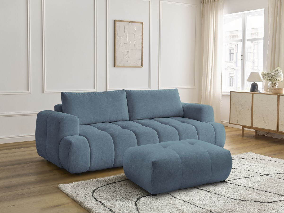 Canapé droit convertible 3 places FUJI  tissu lisse avec pouf