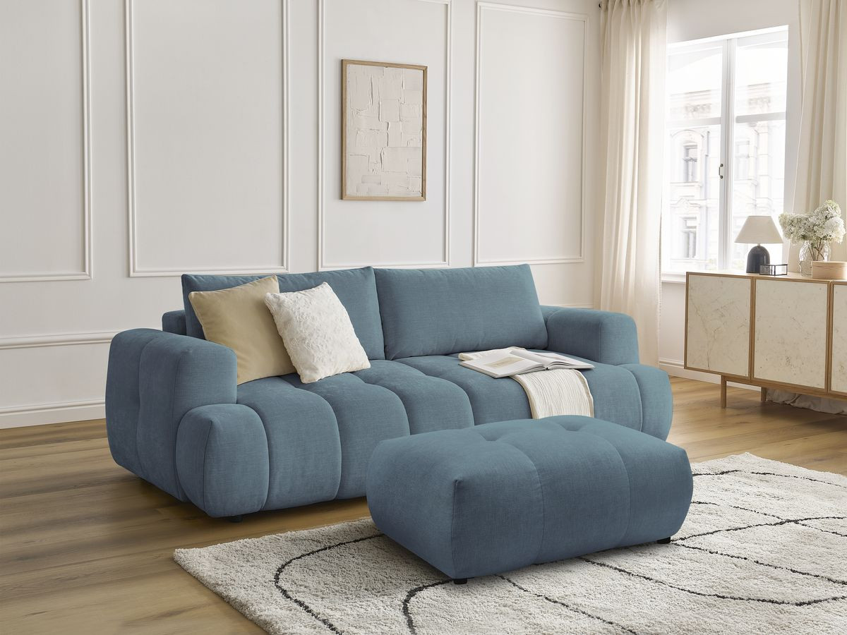 Canapé droit convertible 3 places FUJI  tissu lisse avec pouf