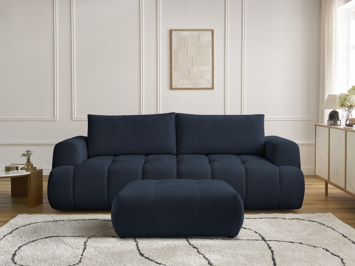 Canapé droit convertible 3 places FUJI lisse avec pouf bleu foncé — vue 5