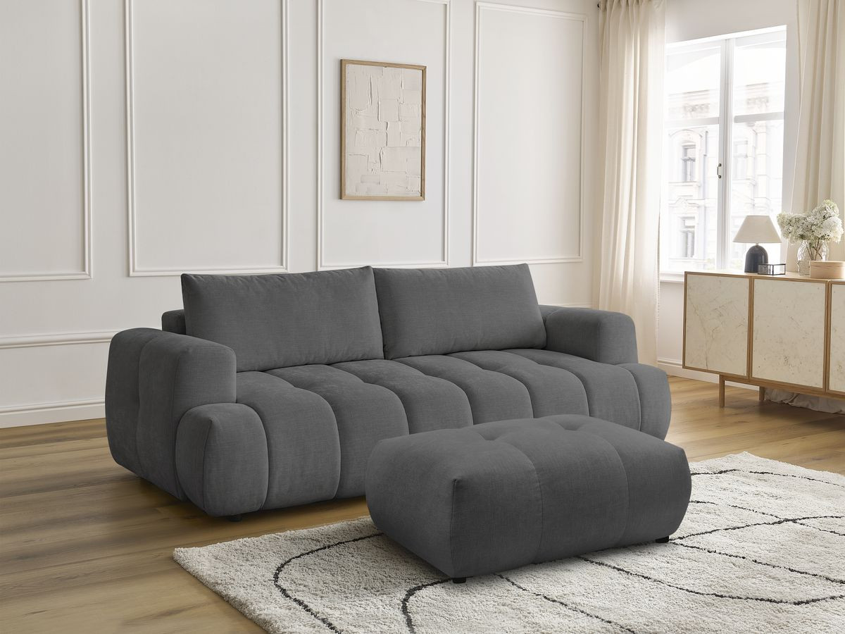 Canapé droit convertible 3 places FUJI  tissu lisse avec pouf