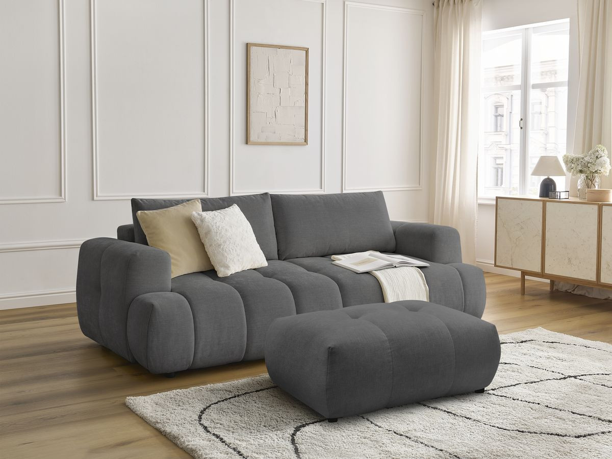 Canapé droit convertible 3 places FUJI  tissu lisse avec pouf
