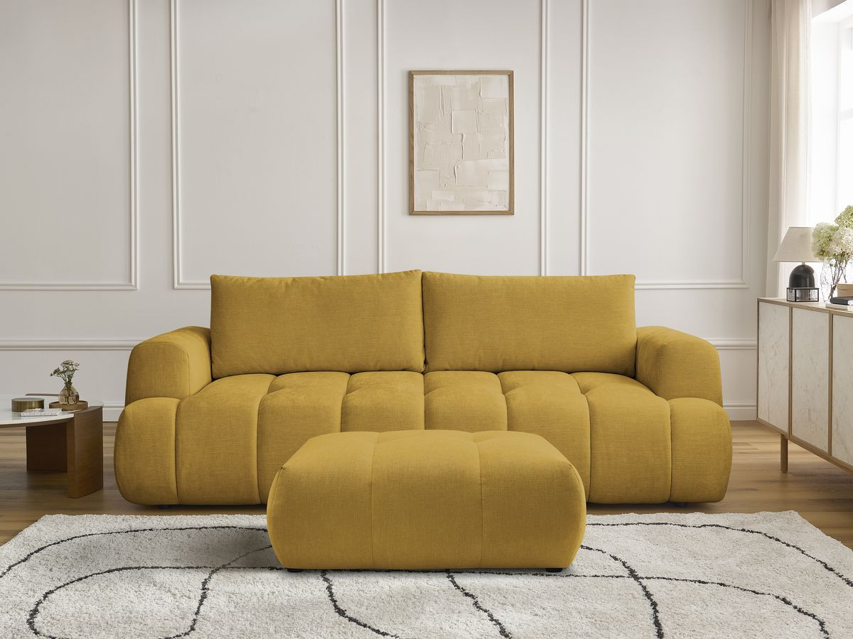 Canapé droit convertible 3 places FUJI lisse avec pouf jaune — vue 5