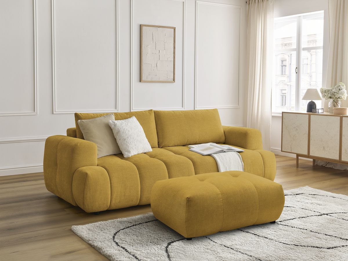 Canapé droit convertible 3 places FUJI tissu lisse avec pouf