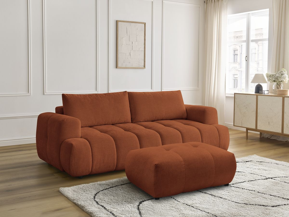 Canapé droit convertible 3 places FUJI tissu lisse avec pouf