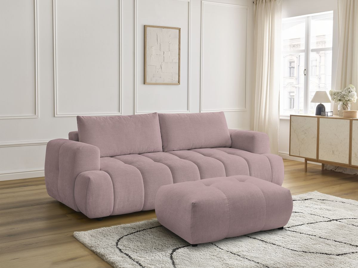 Canapé droit convertible 3 places FUJI tissu lisse avec pouf