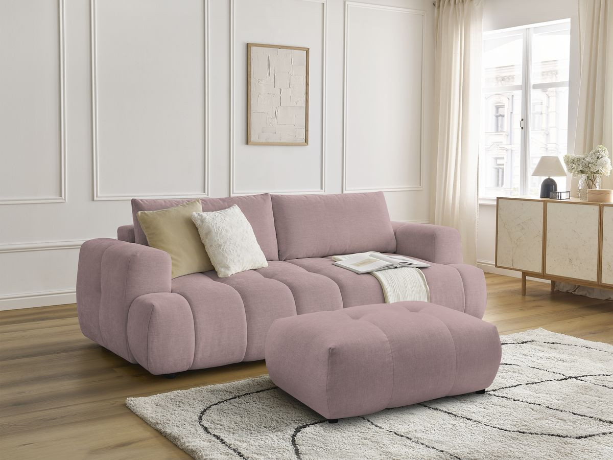 Canapé droit convertible 3 places FUJI tissu lisse avec pouf