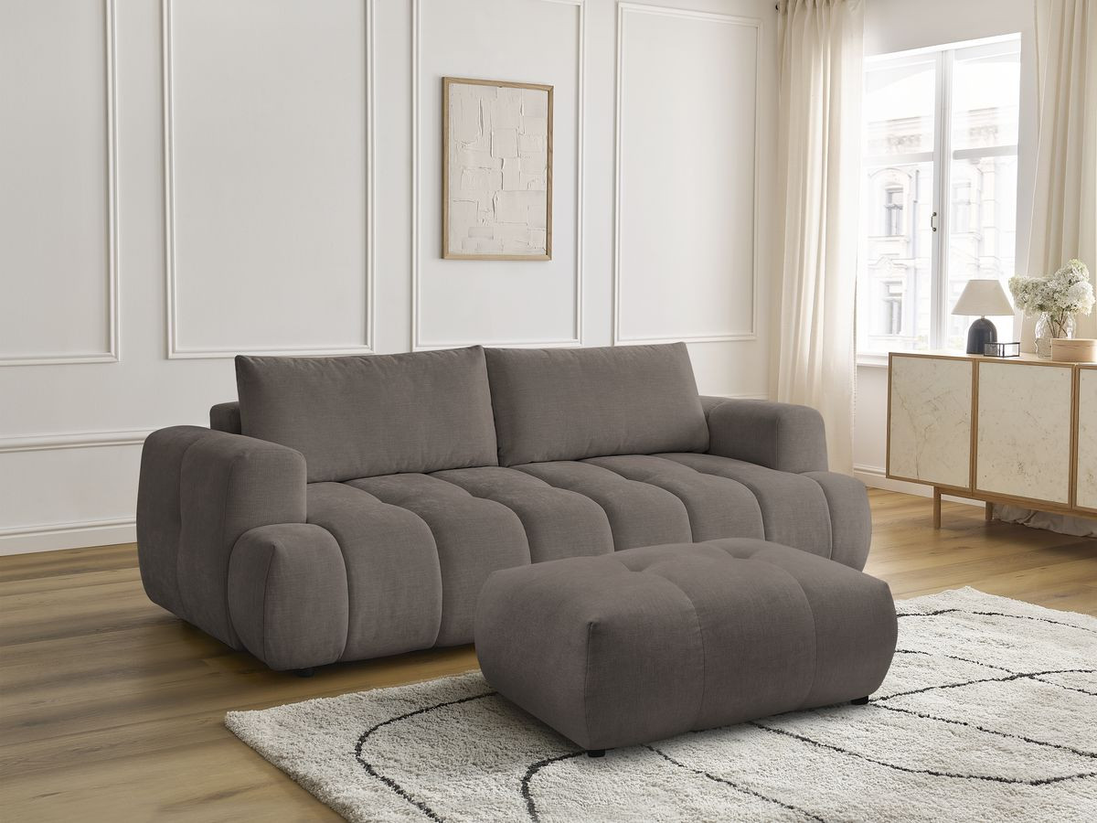 Canapé droit convertible 3 places FUJI  tissu lisse avec pouf