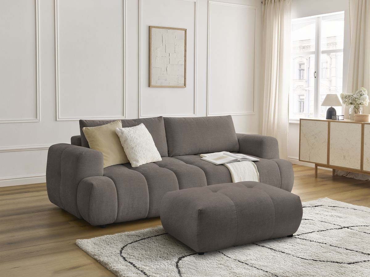 Canapé droit convertible 3 places FUJI  tissu lisse avec pouf