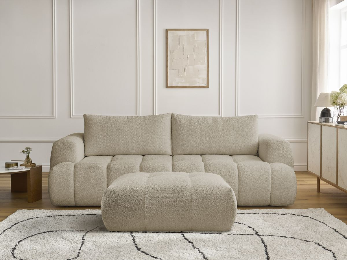 Canapé droit convertible 3 places FUJI bouclette avec pouf beige — vue 5