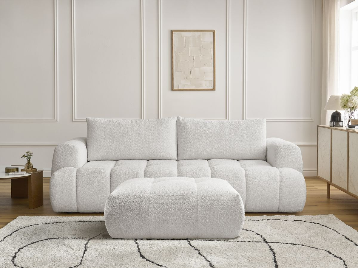 Canapé droit convertible 3 places FUJI bouclette avec pouf blanc — vue 5