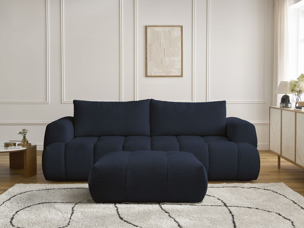 Canapé droit convertible 3 places FUJI bouclette avec pouf bleu foncé — vue 5