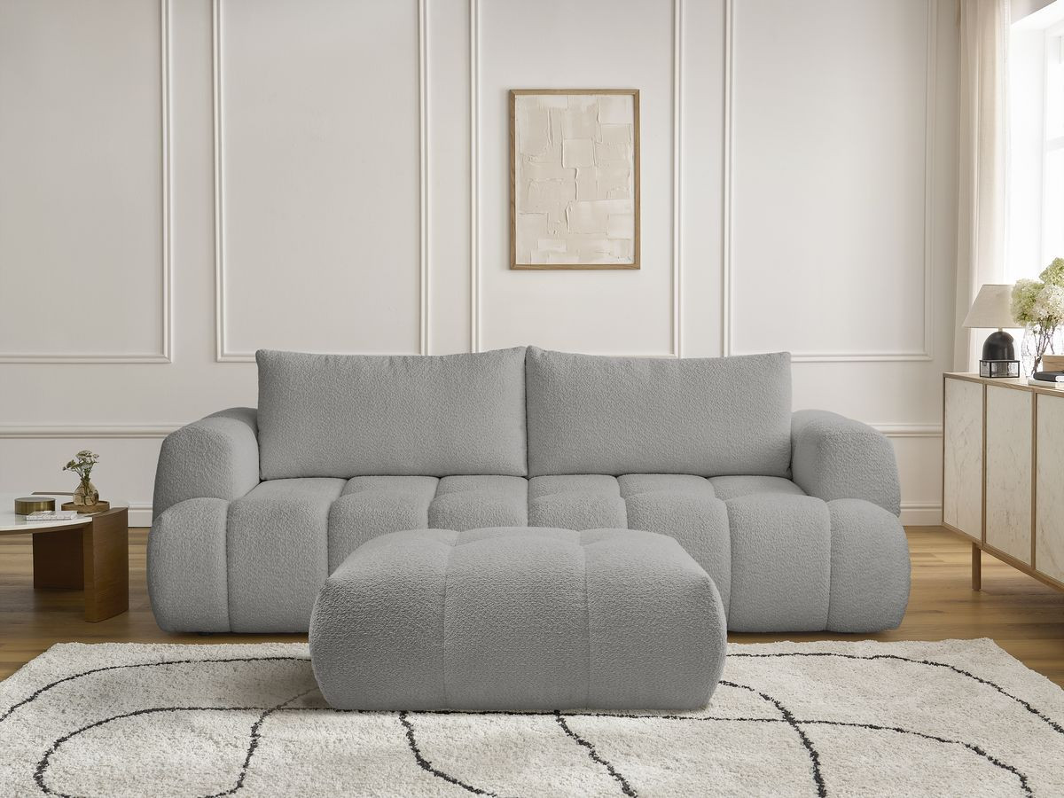 Canapé droit convertible 3 places FUJI bouclette avec pouf gris clair — vue 5