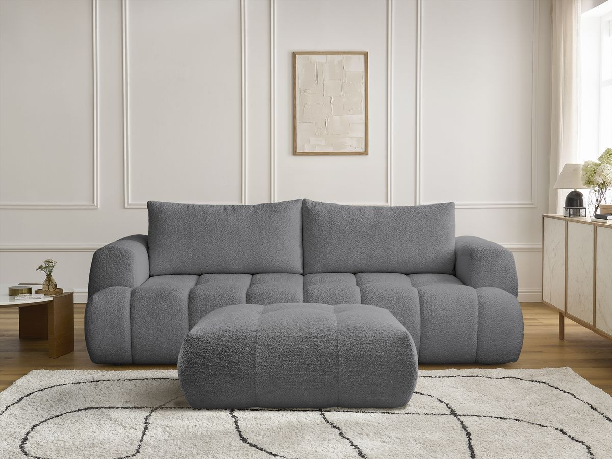 Canapé droit convertible 3 places FUJI bouclette avec pouf gris foncé — vue 5