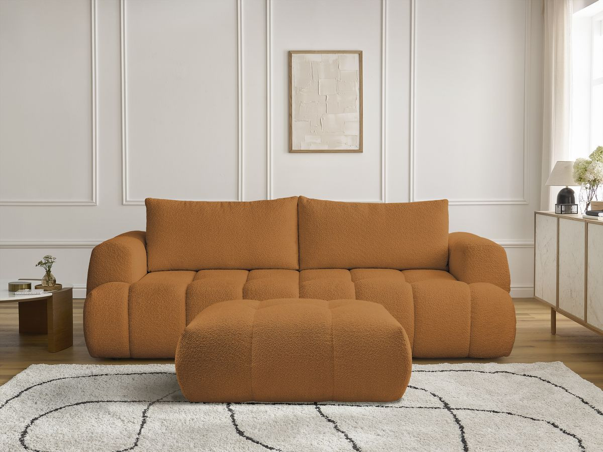 Canapé droit convertible 3 places FUJI bouclette avec pouf jaune — vue 5